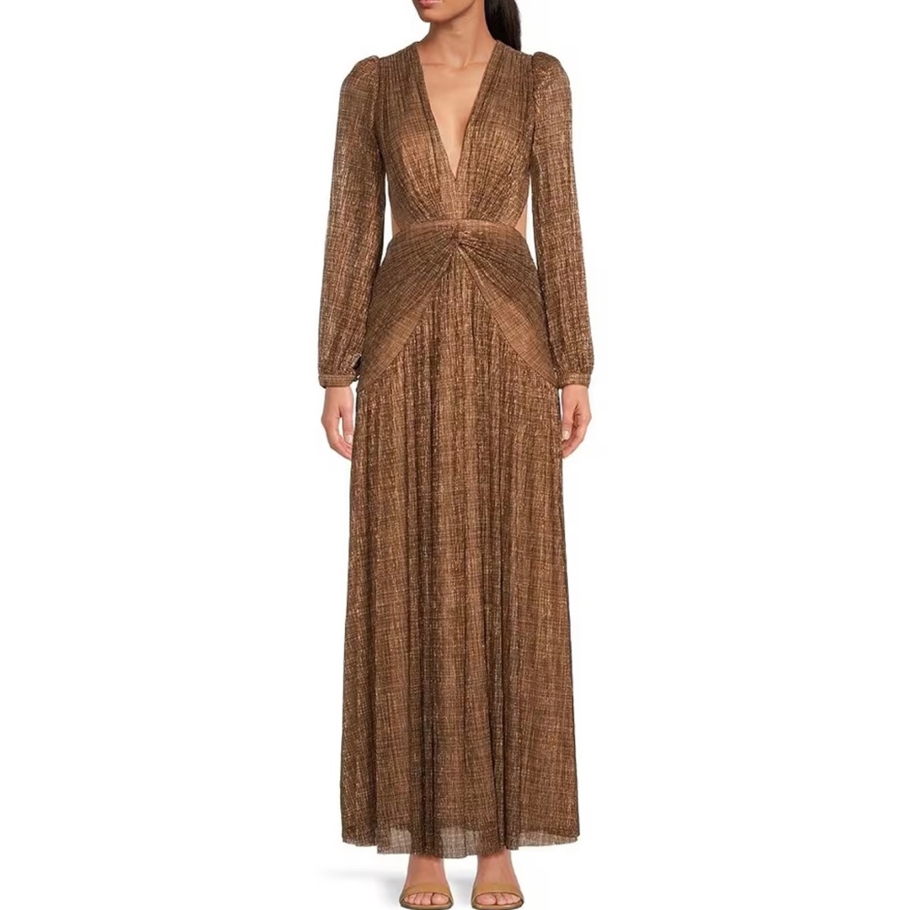 Hazel Metallic Chiffon V-Neck Long Sleeve Cut Out Dress